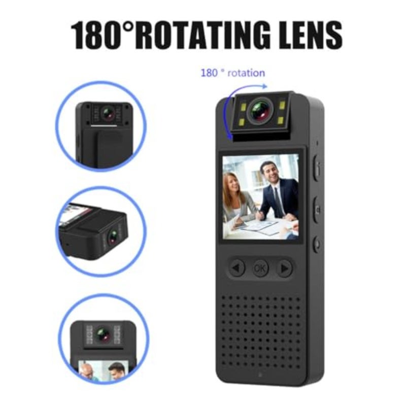 كاميرا الجسم بدقة 1080 بكسل عالية الدقة للتنفيذ والأمن والحراسة والمنزل والخارج والسفر والتخييم وركوب الدراجات؛ بلاستيك ABS، أسود؛ عدسة قابلة للدوران 180، شاشة 1.4 بوصة، تسجيل صوت وفيديو - Image 2