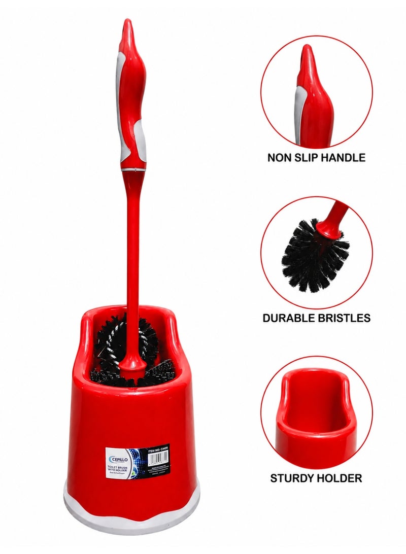 CEPILLO Toilet brush with holder set | Compact Round Design | Clears Clogged Toilets and drains | Ideal for Home & Office Use - Red/Black CP619 - Image 1