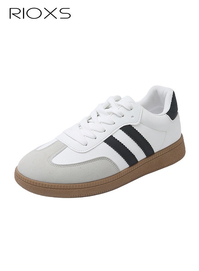 RIOXS Womens Athlesiure Shoes, Classic Retro Trainers Shoe, Casual Sneakers For Women, Lace-Up Low-Top Shoes, Versatile Trendy Ladies Sneakers, Anti Slip Walking Trainers With Platform/ Regular Heel, Soft Gum Sole Running Shoes, White Women's Sneakers - Image 1