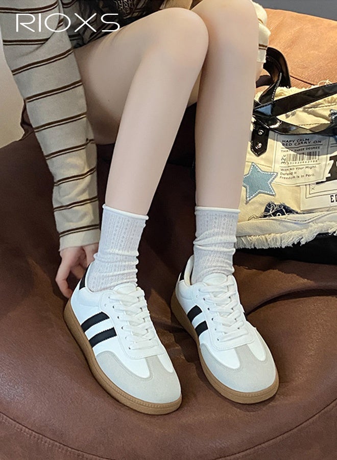 RIOXS Unisex Athlesiure Shoes, Classic Retro Trainers Shoes, Casual Lace-Up Low-Top Sneakers for Men and Ladies, Trendy Anti Slip Walking Trainers with Platform/ Regular Heel, Soft Gum Sole Tennis Skate Shoes for Traveling, Daily Work, Shopping, White - Image 1