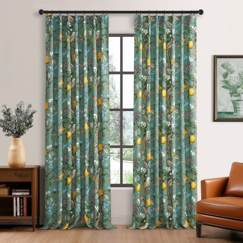 Drapenova Vintage Boho Floral Pinch Pleated Curtains 84 Inches Long for Living Room,Sage Green Lemon Hummingbird Patterned French Country Drapes for Bedroom,Botanical Woodland Jungle Blackout Drapes,2 Panels - Image 3