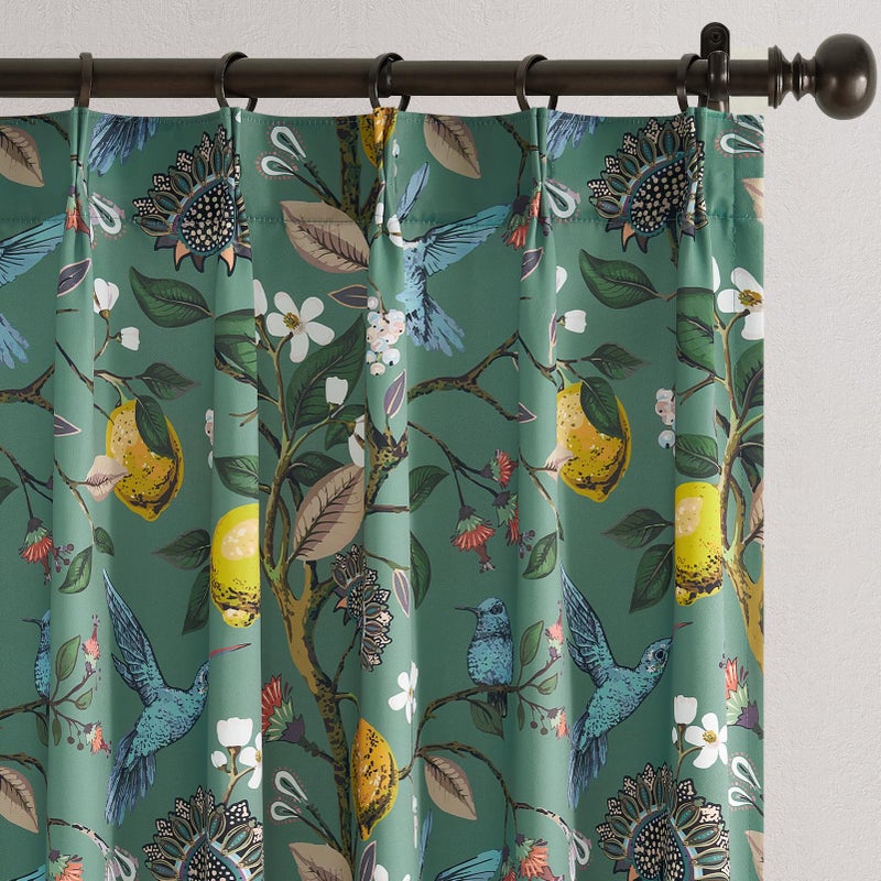 Drapenova Vintage Boho Floral Pinch Pleated Curtains 84 Inches Long for Living Room,Sage Green Lemon Hummingbird Patterned French Country Drapes for Bedroom,Botanical Woodland Jungle Blackout Drapes,2 Panels - Image 1