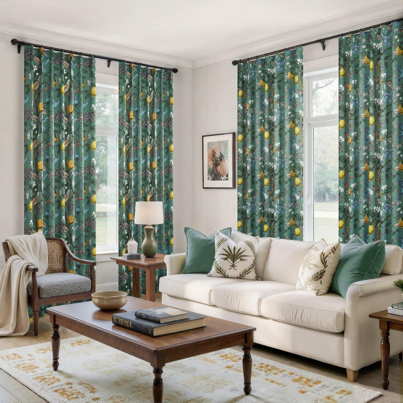 Drapenova Vintage Boho Floral Pinch Pleated Curtains 84 Inches Long for Living Room,Sage Green Lemon Hummingbird Patterned French Country Drapes for Bedroom,Botanical Woodland Jungle Blackout Drapes,2 Panels - Image 2