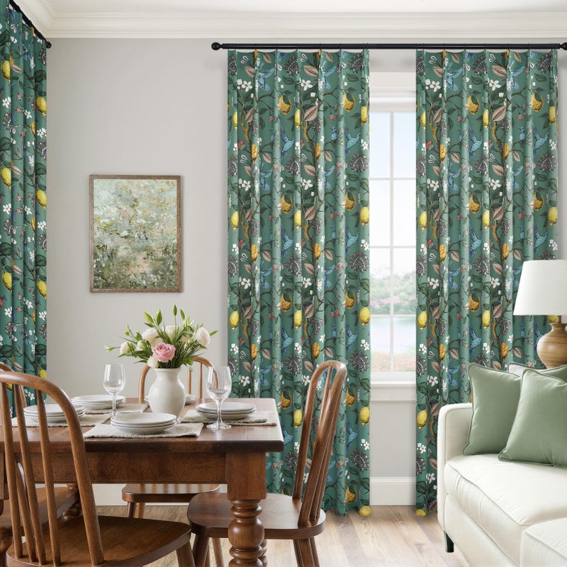 Drapenova Vintage Boho Floral Pinch Pleated Curtains 84 Inches Long for Living Room,Sage Green Lemon Hummingbird Patterned French Country Drapes for Bedroom,Botanical Woodland Jungle Blackout Drapes,2 Panels - Image 4