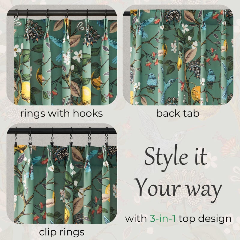 Drapenova Vintage Boho Floral Pinch Pleated Curtains 84 Inches Long for Living Room,Sage Green Lemon Hummingbird Patterned French Country Drapes for Bedroom,Botanical Woodland Jungle Blackout Drapes,2 Panels - Image 5