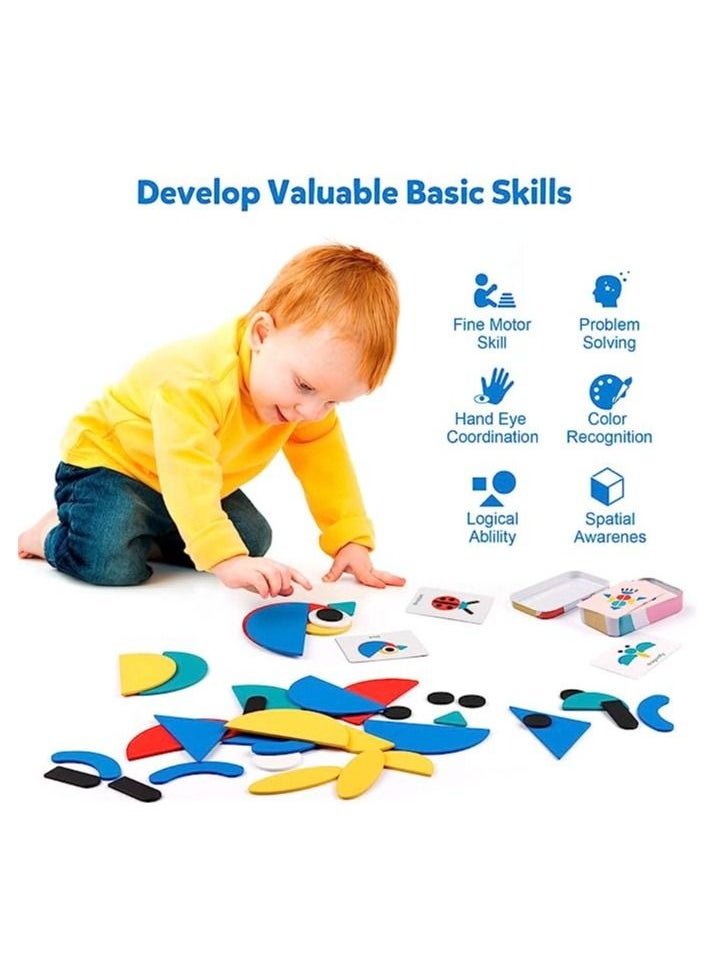 Goolsky  Wooden Pattern Blocks - Tangram Shape Puzzle Set Color Sorting Stacking Game Wood Animal Jigsaw Preschool Montessori Brain Teaser STEM Gift Toddler Kids (60 Pattern Cards)