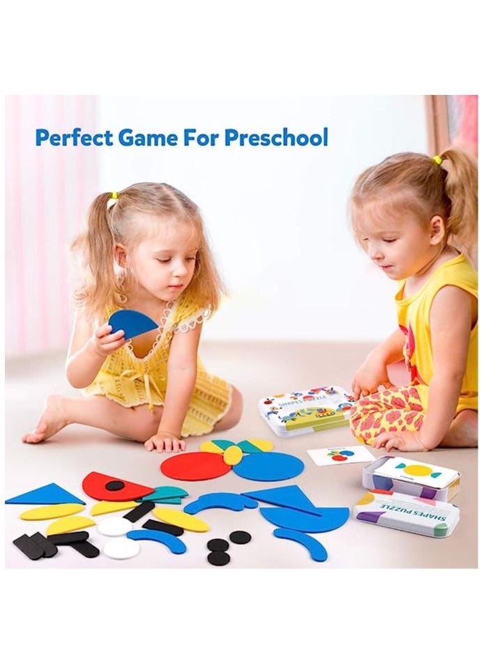 Goolsky  Wooden Pattern Blocks - Tangram Shape Puzzle Set Color Sorting Stacking Game Wood Animal Jigsaw Preschool Montessori Brain Teaser STEM Gift Toddler Kids (60 Pattern Cards)