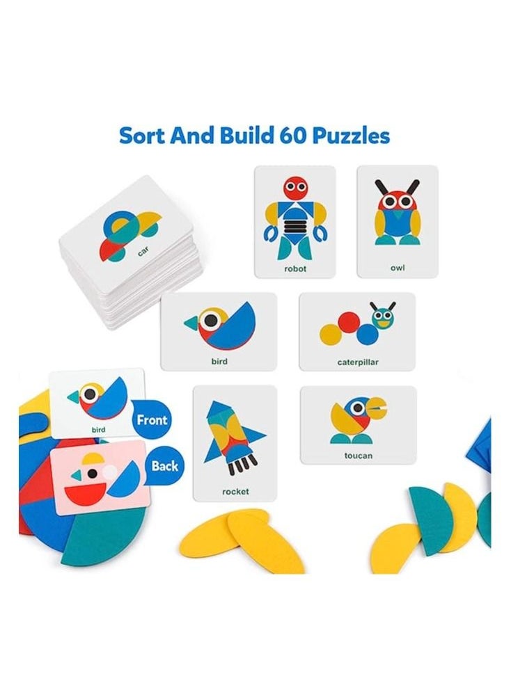Goolsky  Wooden Pattern Blocks - Tangram Shape Puzzle Set Color Sorting Stacking Game Wood Animal Jigsaw Preschool Montessori Brain Teaser STEM Gift Toddler Kids (60 Pattern Cards)
