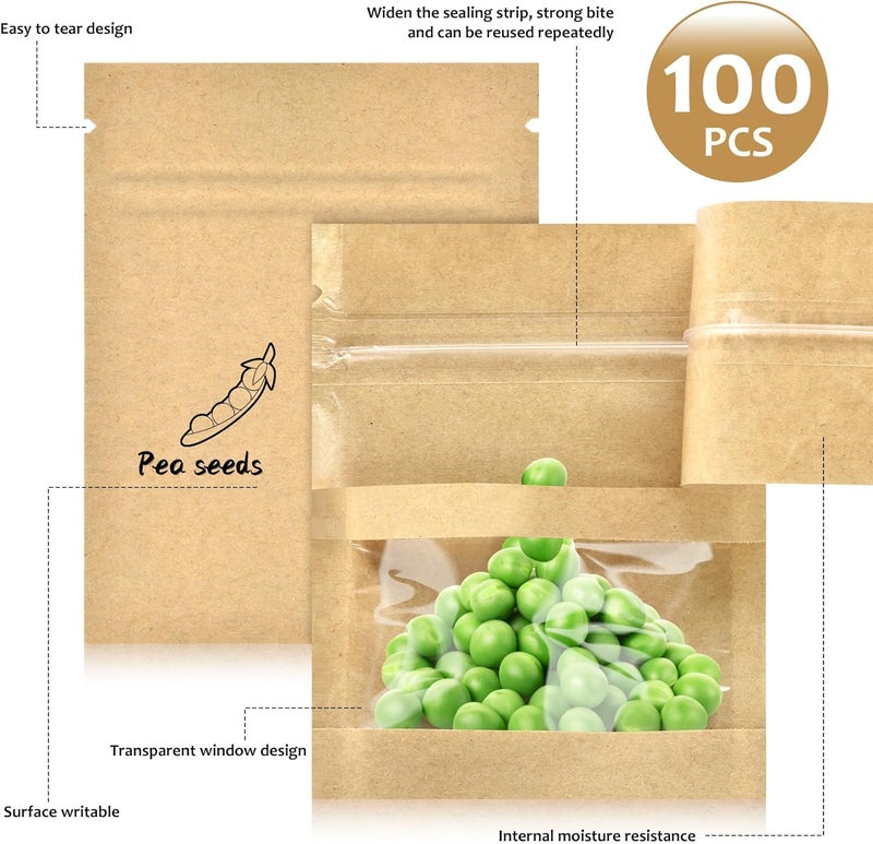 Wteehn 100 Pcs Resealable Mini Kraft Seed Envelopes with Window - 2.7"x3.5" Zip Lock Bags - Image 3