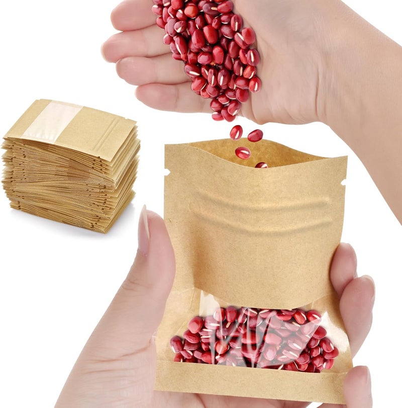 Wteehn 100 Pcs Resealable Mini Kraft Seed Envelopes with Window - 2.7"x3.5" Zip Lock Bags - Image 1