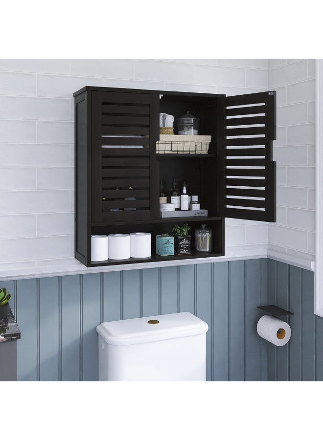 SMIBUY SMIBUY Bathroom Cabinet Wall Mounted, Bamboo Over-The-Toilet Storage Organizer, Space Saver Medicine Cabinet with 2 Door and Adjustable Shelves (Black)  - Image 1