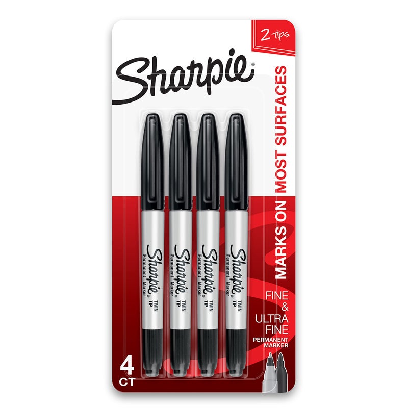 Sharpie Twin Tip Permanent Markers, Fine and Ultra Fine, Black, 4 Count - Image 1