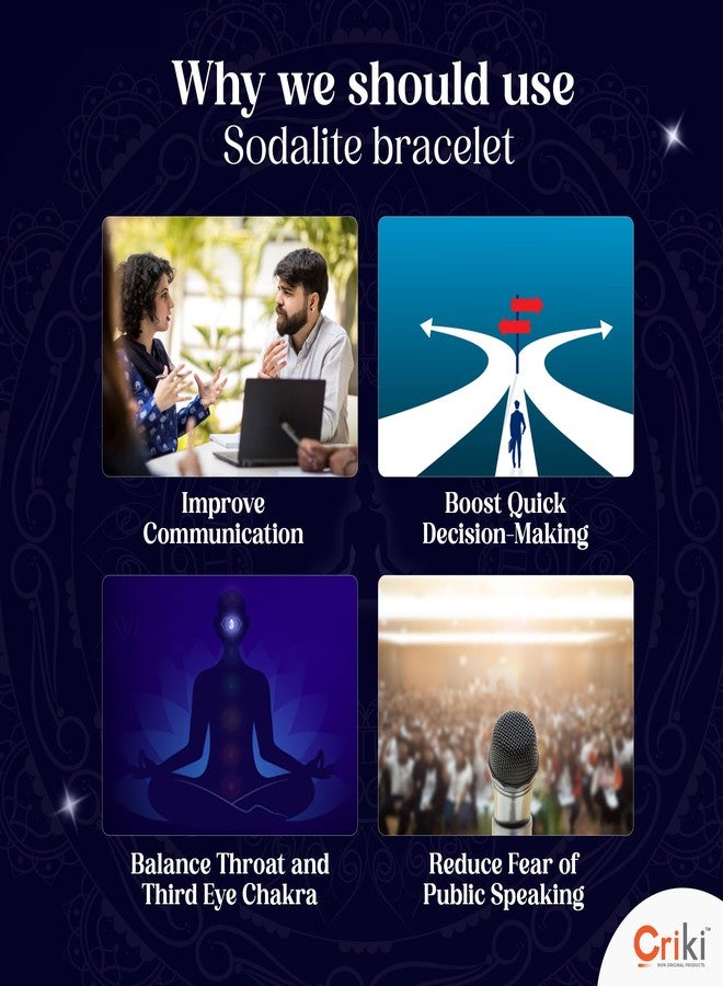 CRIKI Natural Sodalite Bracelet - Certified Blue Bracelet for Communication, Quick Decision-Making, Public Speaking, Confidence, and Balance Throat and Third Eye Chakra Healing - 8MM Bead (6.5 Inch) - Image 3