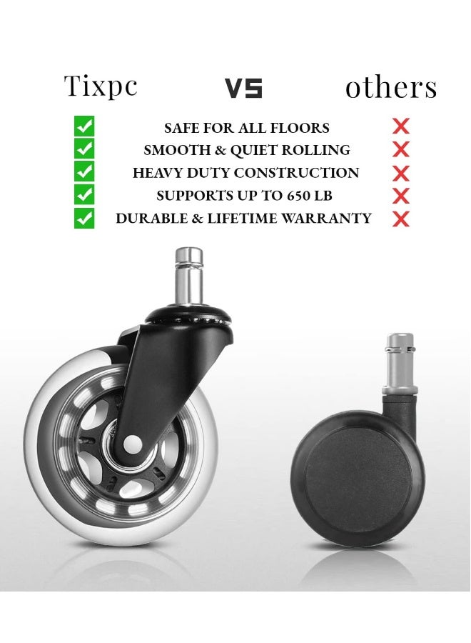 5-Pack Office Chair Casters - PU Insert Rod, Electrophoresis Transparent, Quiet Replacement Accessories for Office Furniture (Black) - Image 3