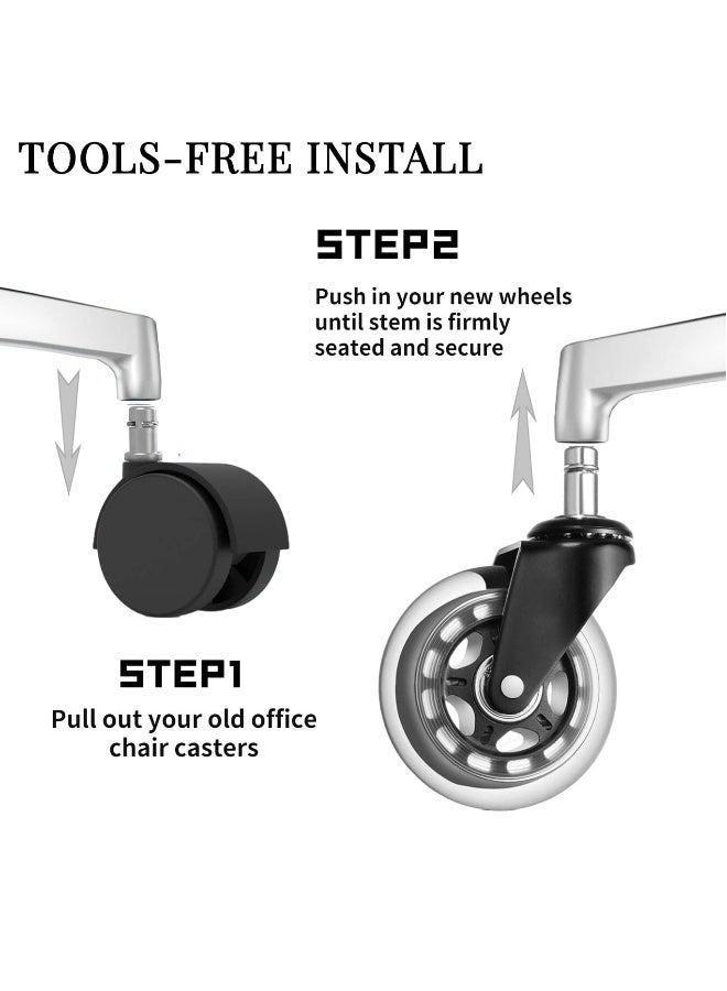 5-Pack Office Chair Casters - PU Insert Rod, Electrophoresis Transparent, Quiet Replacement Accessories for Office Furniture (Black) - Image 5