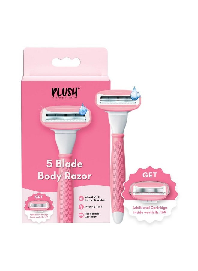 Plush 5 Sweden Steel Blade Razor For Women | Reusable Body Razor With Aloe Vera Lubricating Strip | Pivoting Head | 1 Extra Cartridge | Irritation-Free, Easy & Safe, No Bumps | Ideal For All Skin Types  - Image 1