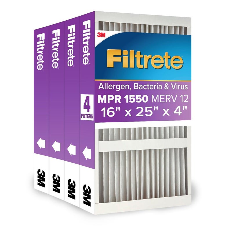 Filtrete 16x25x4 AC Furnace Air Filter MPR 1550 MERV 12 Fits Lennox Honeywell CERTIFIED Asthma Allergy Friendly Electrostatic Air Cleaning Filter 4Pack actual size 1588 x 2456 x 431