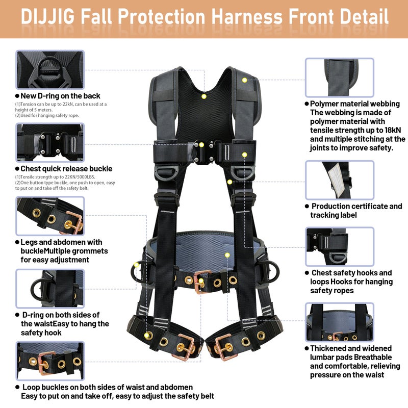 DIJJIG Fall Protection Safety Harnesses Full Body Roofing Construction Harness 5 Point Adjustment Harness Padded Black OSHA/ANSI COMPLIANT - Image 2
