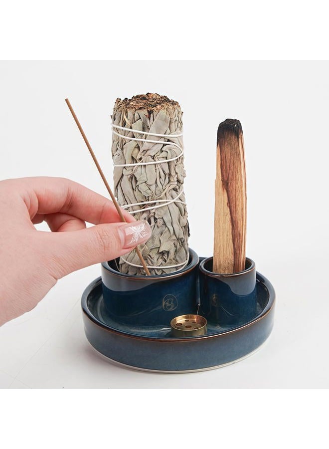Fancy Lemon 4 in 1 Incense Holder, Ceramic Incense Stick and Palo Santo Holder,Sage Holder for Burning- 4.25" Ceramic Ash Catcher Tray for Meditation and Yoga Room (Blue) - Image 5