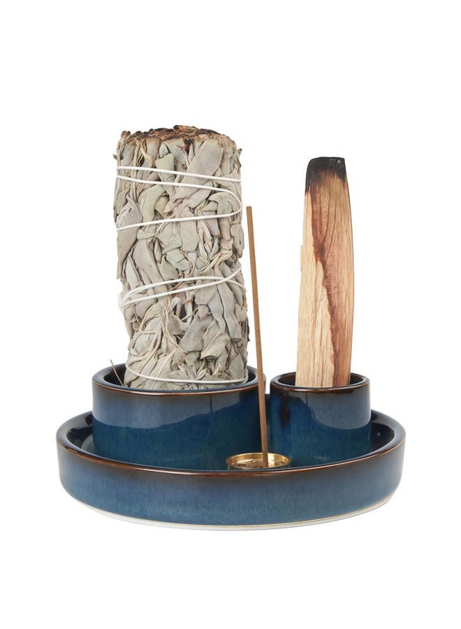 Fancy Lemon 4 in 1 Incense Holder, Ceramic Incense Stick and Palo Santo Holder,Sage Holder for Burning- 4.25" Ceramic Ash Catcher Tray for Meditation and Yoga Room (Blue) - Image 1