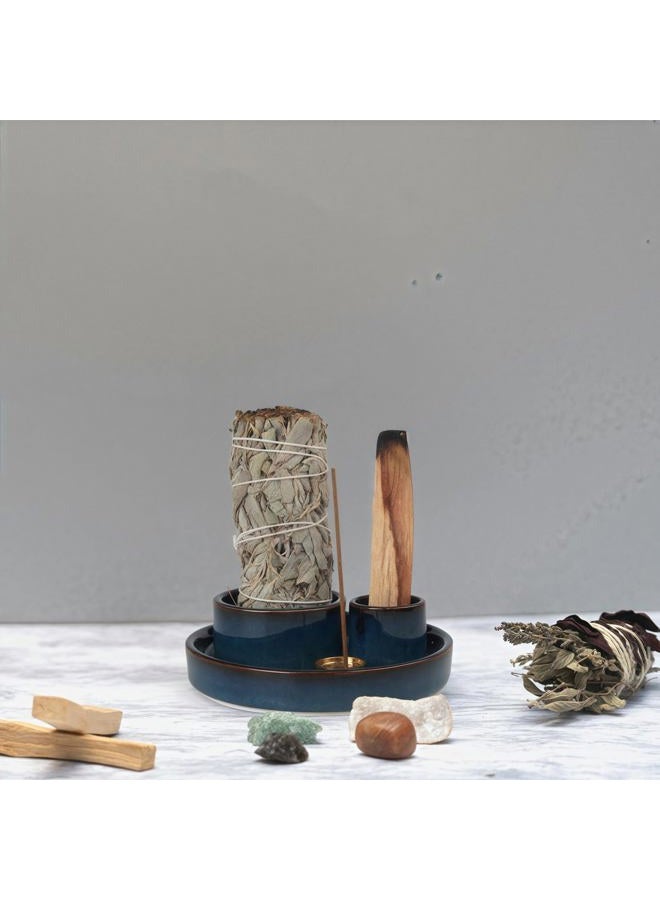 Fancy Lemon 4 in 1 Incense Holder, Ceramic Incense Stick and Palo Santo Holder,Sage Holder for Burning- 4.25" Ceramic Ash Catcher Tray for Meditation and Yoga Room (Blue) - Image 2