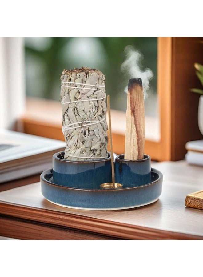 Fancy Lemon 4 in 1 Incense Holder, Ceramic Incense Stick and Palo Santo Holder,Sage Holder for Burning- 4.25" Ceramic Ash Catcher Tray for Meditation and Yoga Room (Blue) - Image 4