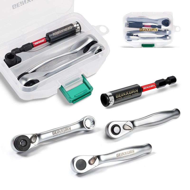 GEINXURN Mini Ratchet Wrench Bit Holder Set 4 Pcs 14 Drive Ratchet Handle Wrench 72T QuickRelease Reversible Socket Wrench Impact Extension Bit Holder with Case
