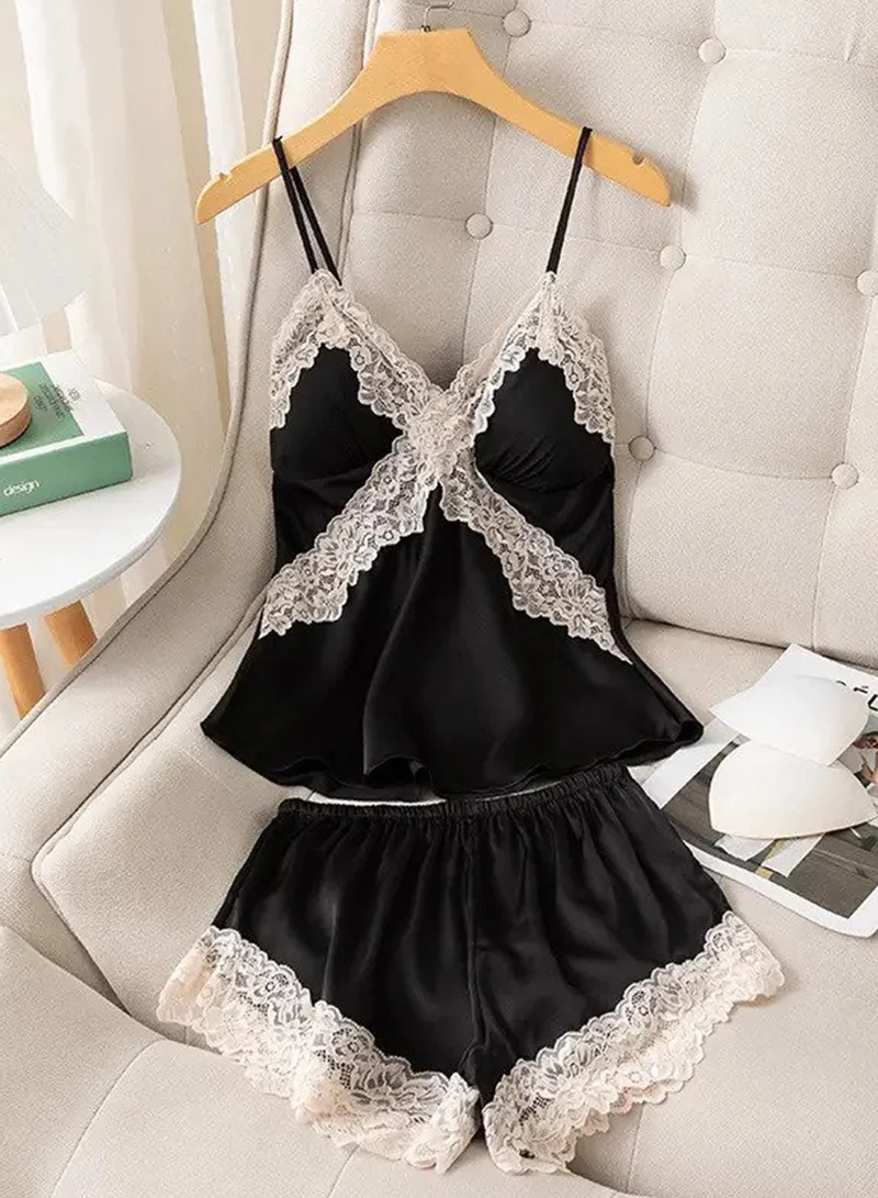 Caprisious Women's Silk Satin with Lace Pajama Set - Elegant Set with Shorts, V-Neck Lace Nightwear for Ultimate Comfort and Style