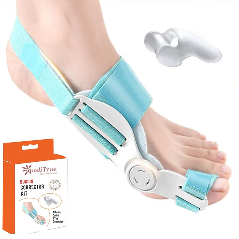 QualiTrue Silicone Toe Separator For Women & Men Bunion Corrector Splint Kit For Toe Straightener And Foot Thumb Support For Pain Relief Orthopedic Tight Fitting Hallux Valgus (Bunion Support 1+1) - Image 1