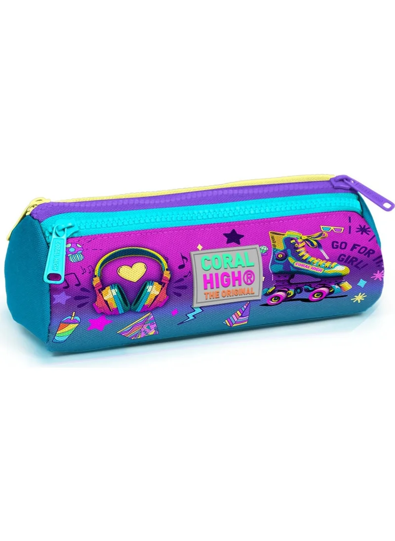 CORAL HIGH Kids Pink Turquoise Headphone Skate Pattern Three Compartment Pen Bag 22054