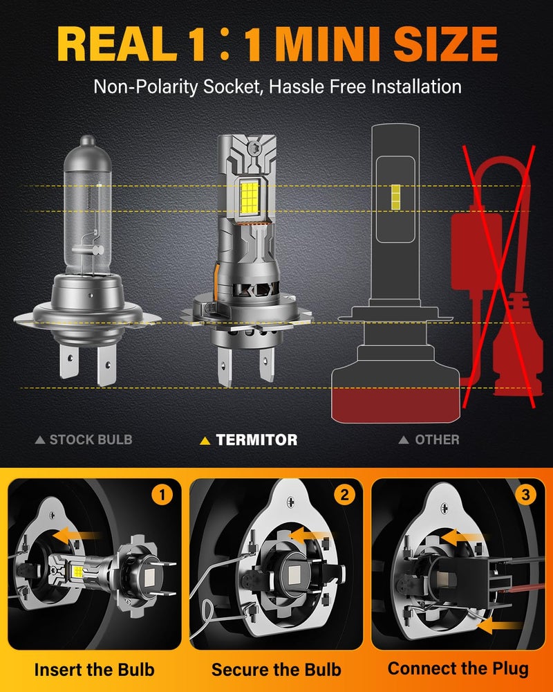 Termitor 2026 New Gen H7 Light Bulbs, High-Performance Bright 70000LM 14X With 18CSP Chips, 1:1 Mini Size Plug-N-Play No Adapter, 10 Years Lifespan IP68, Light Kit Pack of 2 - Image 3