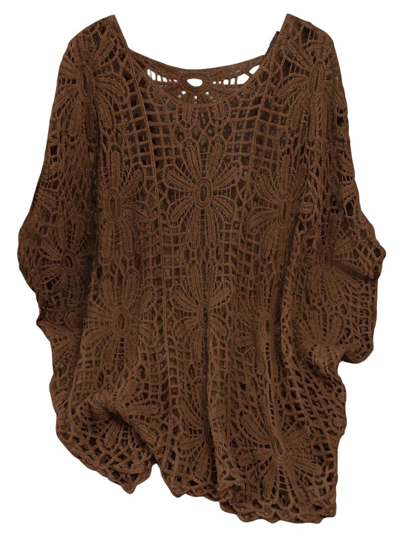 MakeMeChic Women's Plus Size Crochet Tops Floral Dolman Sleeve Summer Spring Top Brown X-Large Plus - Image 1