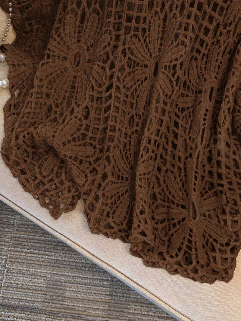 MakeMeChic Women's Plus Size Crochet Tops Floral Dolman Sleeve Summer Spring Top Brown X-Large Plus - Image 4