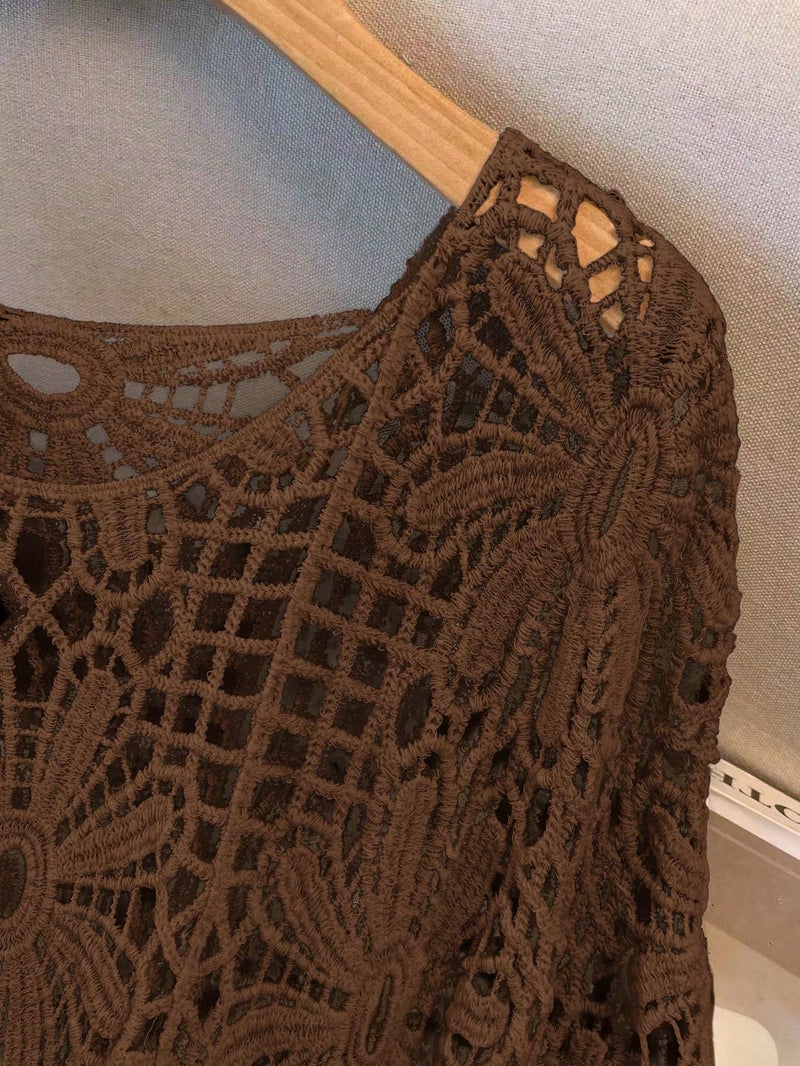 MakeMeChic Women's Plus Size Crochet Tops Floral Dolman Sleeve Summer Spring Top Brown X-Large Plus - Image 2