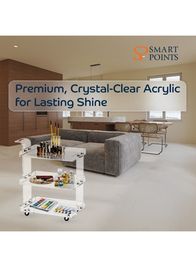 "سمارت بوينتس  " عربة تقديم 3 طوابق أكريليك شفاف مع عجلات – عربة متعددة الاستخدام للتقديم والتخزين للمطبخ وغرفة المعيشة والحمام وغرفة النوم – تصميم فاخر شفاف – ‎76×38×80 سم‎ - Image 3