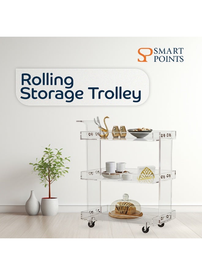"سمارت بوينتس  " عربة تقديم 3 طوابق أكريليك شفاف مع عجلات – عربة متعددة الاستخدام للتقديم والتخزين للمطبخ وغرفة المعيشة والحمام وغرفة النوم – تصميم فاخر شفاف – ‎76×38×80 سم‎ - Image 2