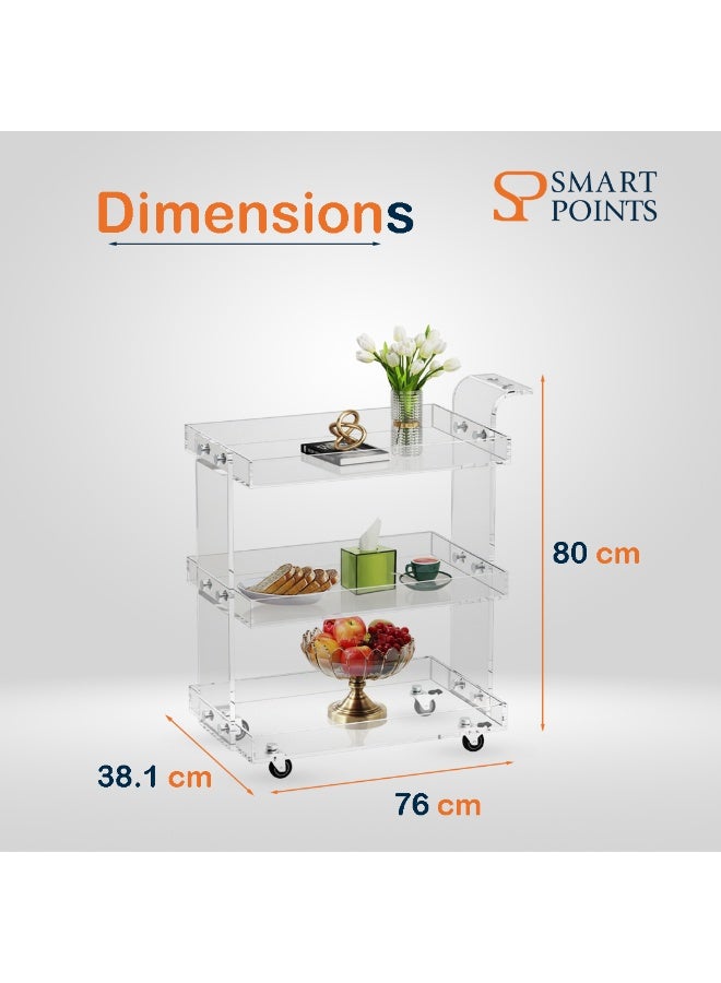 "سمارت بوينتس  " عربة تقديم 3 طوابق أكريليك شفاف مع عجلات – عربة متعددة الاستخدام للتقديم والتخزين للمطبخ وغرفة المعيشة والحمام وغرفة النوم – تصميم فاخر شفاف – ‎76×38×80 سم‎ - Image 4