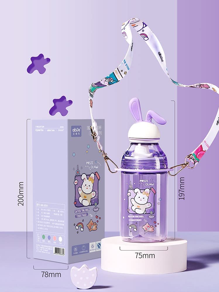 TEMSON Water Bottle with Straw and Adjustable Strap for Kids – School Sipper Water Bottle for Kids, Cartoon Themed Cute Water Bottle for Boys and Girls (400 ML)(ABL-1034) (Purple) - Image 2