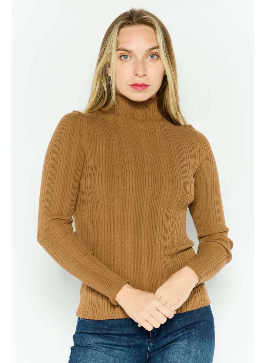 HUGO BOSS Women Mock Neck Long Sleeves Ribbed Top, Brown  - Image 1