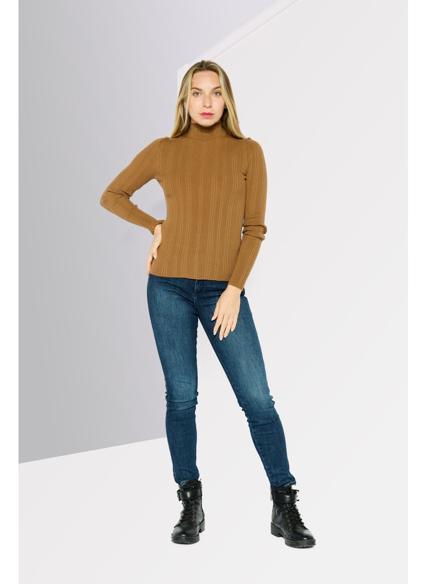HUGO BOSS Women Mock Neck Long Sleeves Ribbed Top, Brown  - Image 2