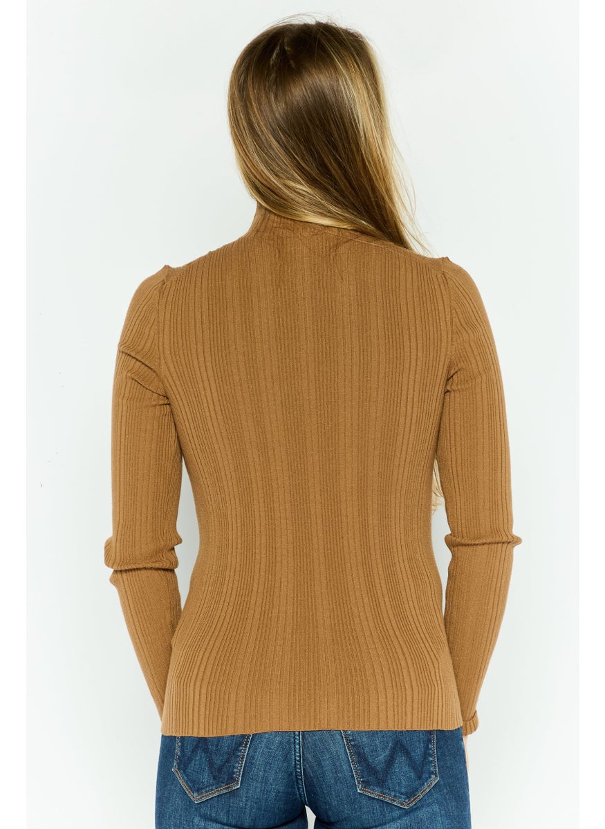 HUGO BOSS Women Mock Neck Long Sleeves Ribbed Top, Brown  - Image 4