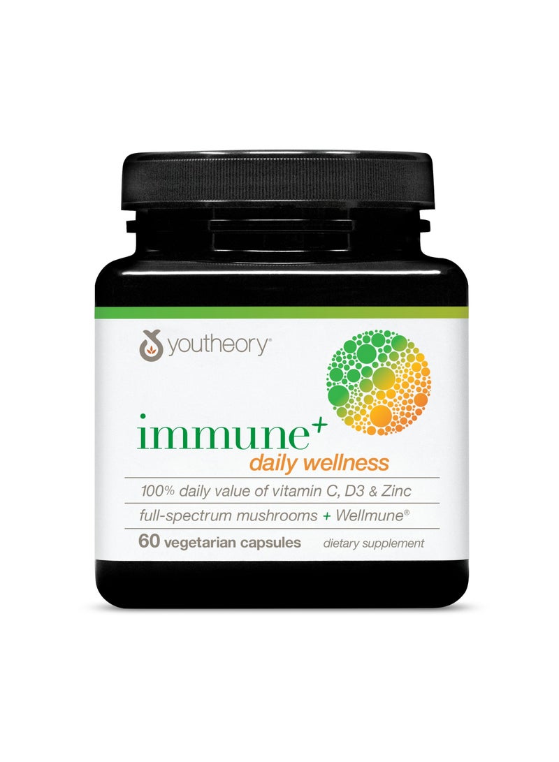 youtheory Immune+ Daily Wellness - 100% Daily Value of Vitamin C, D3 & Zinc, Full-Spectrum Mushrooms + Wellmune, 60 Vegetarian Capsules, Dietary Supplement  - Image 1