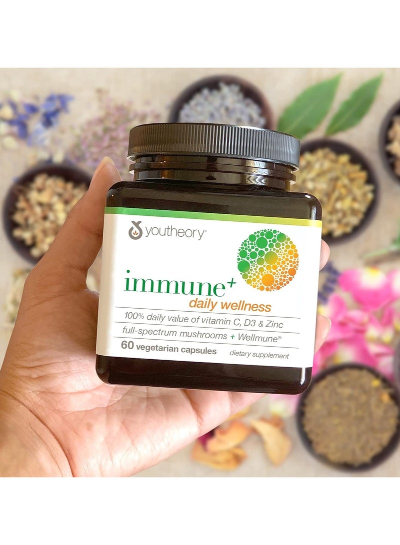 youtheory Immune+ Daily Wellness - 100% Daily Value of Vitamin C, D3 & Zinc, Full-Spectrum Mushrooms + Wellmune, 60 Vegetarian Capsules, Dietary Supplement  - Image 4