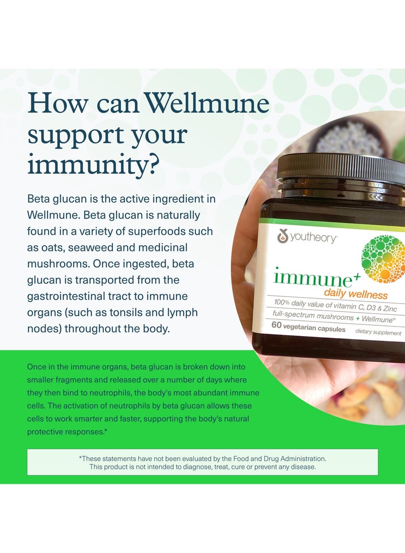 youtheory Immune+ Daily Wellness - 100% Daily Value of Vitamin C, D3 & Zinc, Full-Spectrum Mushrooms + Wellmune, 60 Vegetarian Capsules, Dietary Supplement  - Image 5