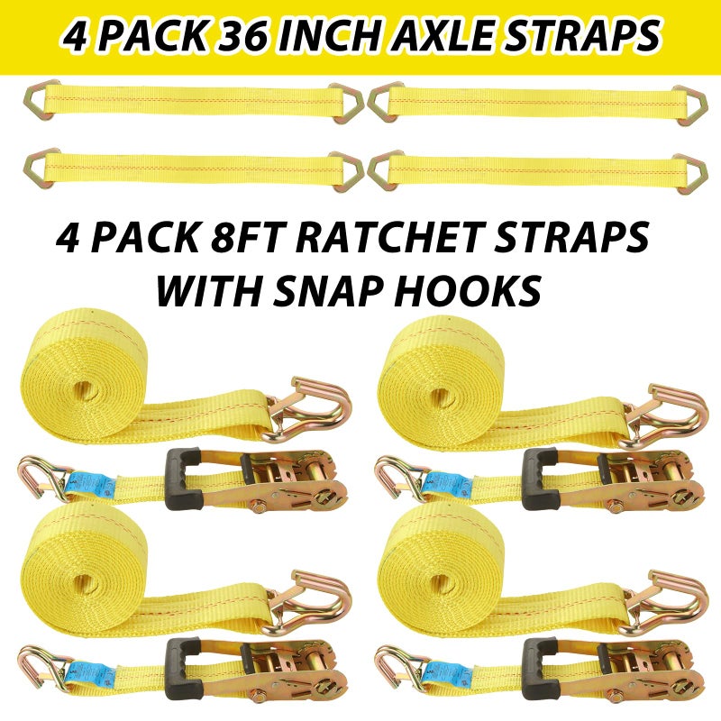 LISHINE 4 Pack Car Tie Down Straps for Trailers Kit, 2 Inch Ratchet Straps with Snap Hooks Heavy Duty 8ft, 11000 LBS Break Strength, 36 Inch Axle Straps for Car, Truck, UTV - Image 2