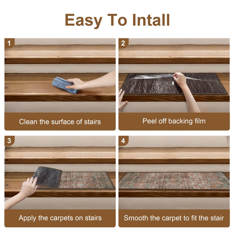 sarben Carpet Stair Treads Non Slip 1PCS, 30" X 30"Edging Stair Runner for Wooden Steps Indoor, Resistant Stair Rugs with Reusable TPE Adhesive Backing, Residue Free Mat for Kids,Pets,Rust & Brown - Image 5