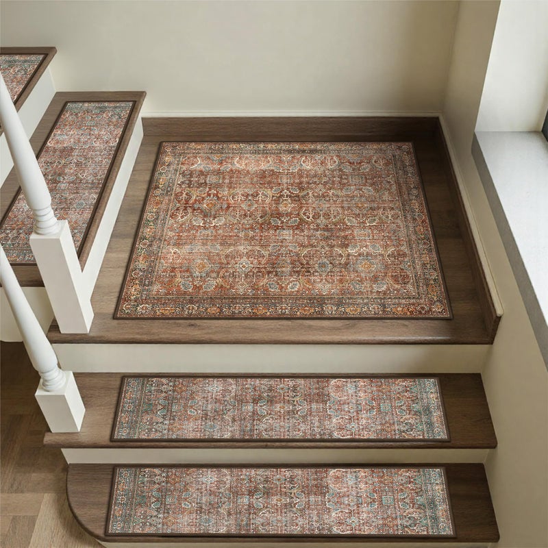 sarben Carpet Stair Treads Non Slip 1PCS, 30" X 30"Edging Stair Runner for Wooden Steps Indoor, Resistant Stair Rugs with Reusable TPE Adhesive Backing, Residue Free Mat for Kids,Pets,Rust & Brown - Image 1