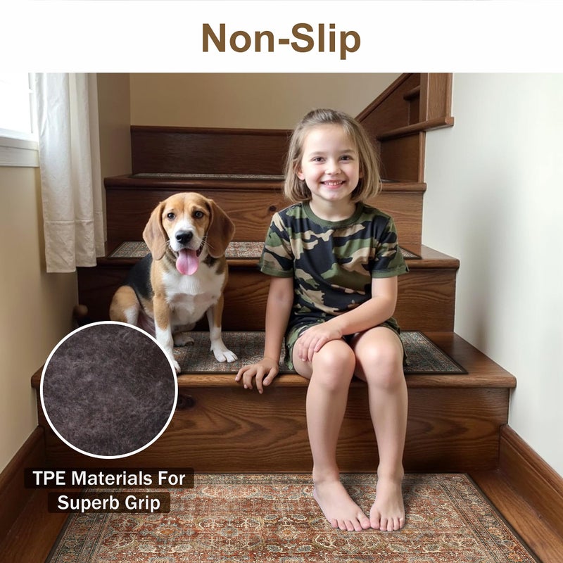 sarben Carpet Stair Treads Non Slip 1PCS, 30" X 30"Edging Stair Runner for Wooden Steps Indoor, Resistant Stair Rugs with Reusable TPE Adhesive Backing, Residue Free Mat for Kids,Pets,Rust & Brown - Image 3