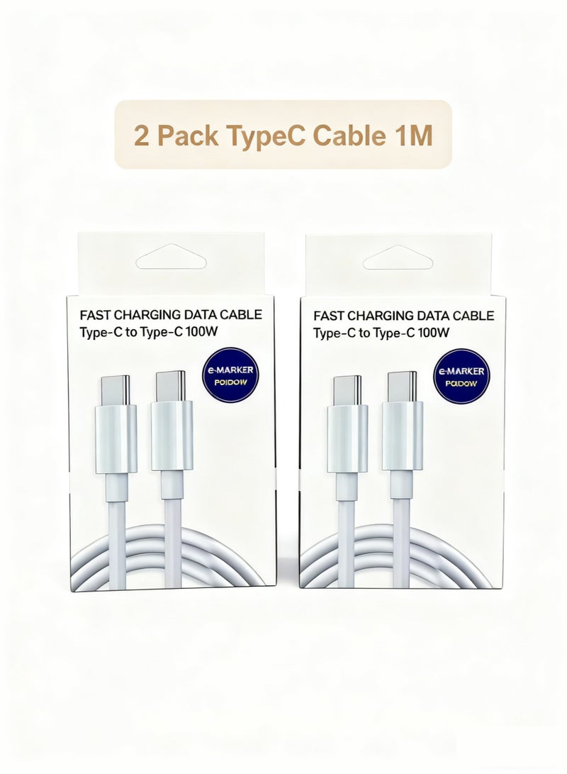 كابل USB C لهاتف iPhone، 2 قطعة، 1 متر، أبيض، شحن سريع 100 وات، كابل بيانات USB Type C إلى Type C لأجهزة IOS/Android - Image 1