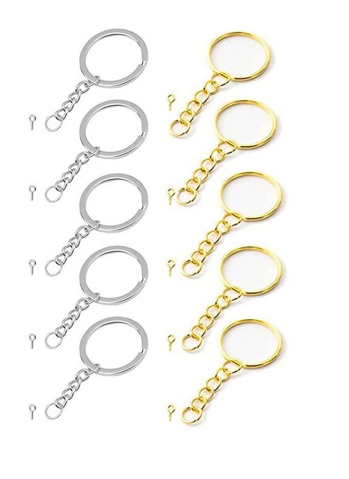 BanteyBanatey Golden Silver Metal Loops Rings for Jewelry MakingFindings Art and Craft with chain Open Jump Ring Connector Keychain for DIY Handbag Keyrings With Q Hooks Pack of total 10 pcs